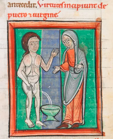 Chłopiec oddający mocz, karta 85v, Sextus Pacitus, De medicina ex animalibus / domena publiczna