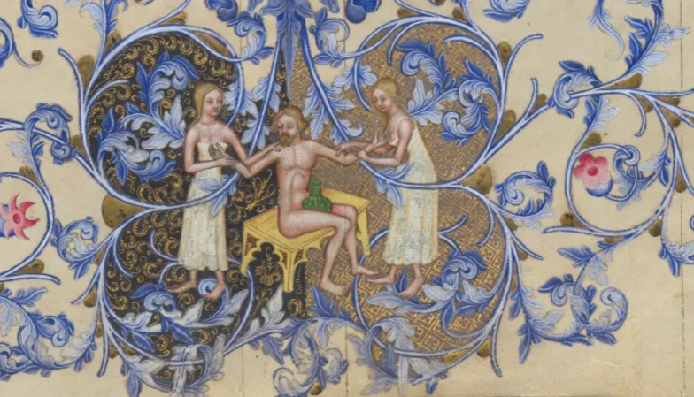 Wacław i panny łaziebne, dekoracja marginesu karty 214 w 1 tomie Biblii Wacława IV