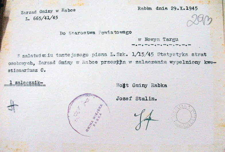 Dokument podpisany przez Józefa Stalina, wójta gminy Rabka, 1945 r. / ARCHIWUM PAŃSTWOWE W KRAKOWIE / ZBIORY AUTORKI