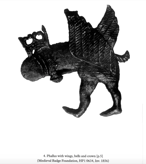 Uskrzydlone męskie narządy płciowe – średniowieczna odznaka pielgrzymia, wg. Ann Marie Rasmussen, „Wandering Genitalia: Sexuality & the Body in German Culture between the Late Middle Ages & Early Modernity” (London:King’s College London, 2009)