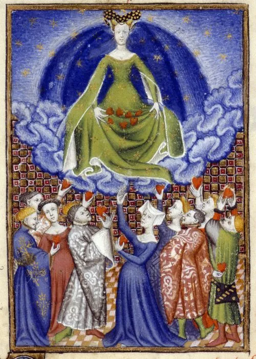 Mężczyźni i kobiety oferujący swoje serca Wenus, rękopis "L'Épître Othéa" Christine de Pizan, ok. 1410-14, British Library, Harley MS 4431, fol. 100r. (źródło: http://blogs.bl.uk/digitisedmanuscripts/2013/06/christine-de-pizan-and-the-book-of-the-queen.ht