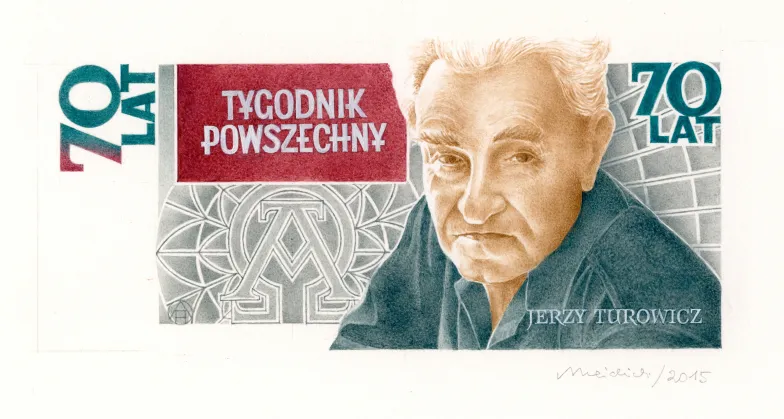Projekt banknotu zaprojektowanego przez Andrzeja Heidricha na siedemdziesięciolecie „Tygodnika Powszechnego”, przedstawiający Jerzego Turowicza, założyciela i wieloletniego redaktora naczelnego pisma.