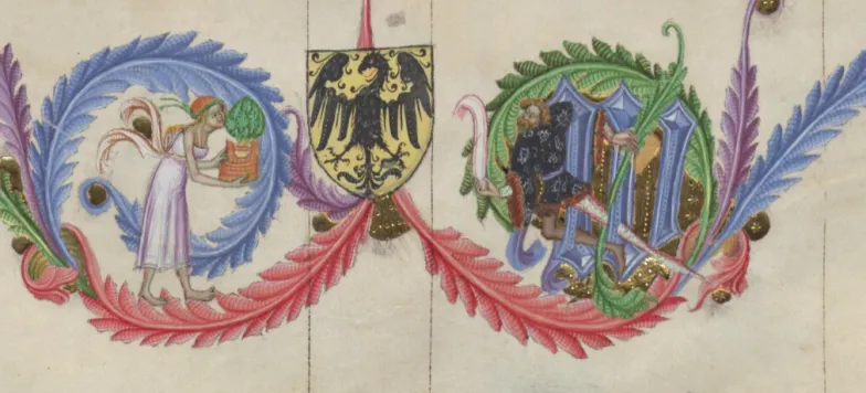 Król Wacław w literze W, dekoracja marginesu karty 128 w 1 tomie Biblii Wacława IV
