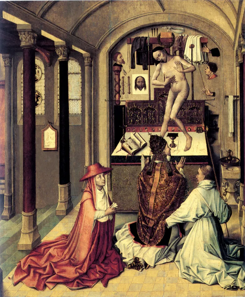 Msza św. Grzegorza, copia wg Mistrza z Flémalle, ostatnia ćwierć XV w., Musées royaux des Beaux-Arts de Belgique w Brukseli / Wikimedia Commons