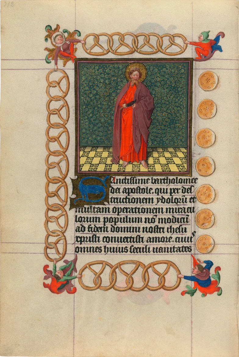 Św. Bartłomiej, Godzinki Katarzyny de Clèves, Utrecht, ok. 1440, The Morgan Library &amp; Museum, MS M.917/945, s. 228 (Image courtesy of Faksimile Verlag Luzern)