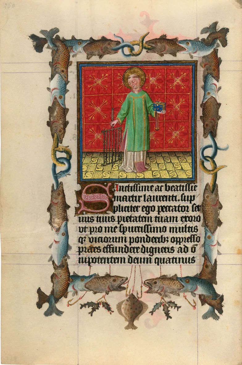 Św. Wawrzyniec, Godzinki Katarzyny de Clèves, Utrecht, ok. 1440, The Morgan Library &amp; Museum, MS M.917/945, s. 266 (Image courtesy of Faksimile Verlag Luzern)