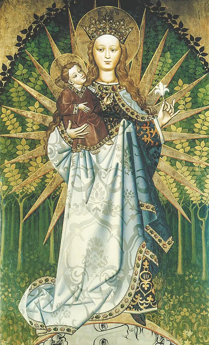 Madonna Apokaliptyczna z kwiatem lilii, kościół Matki Bożej Różańcowej w Przydonicy, ok. 1450-60 / WIKIMEDIA COMMONS 