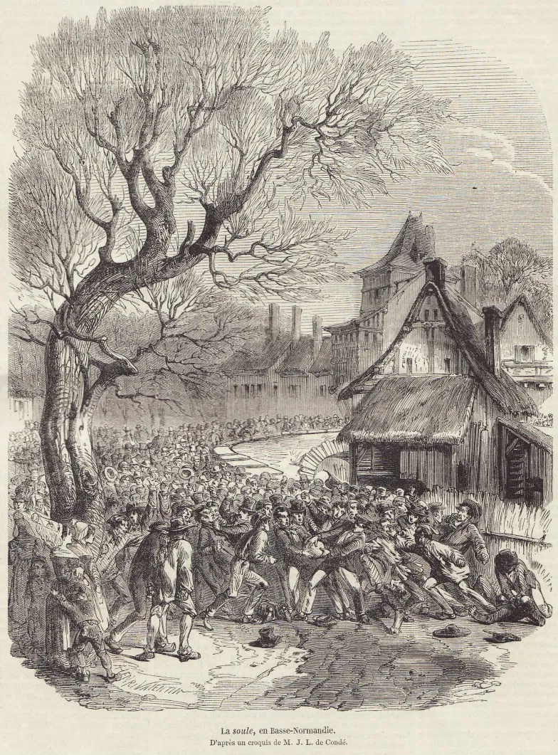 Gra La soule (choule) w Normandii, grafika z gazety L'Illustration, wydanie z 28 lutego 1852 / Wikimedia Gra La soule (choule) w Normandii, grafika z gazety L'Illustration, wydanie z 28 lutego 1852 / Wikimedia