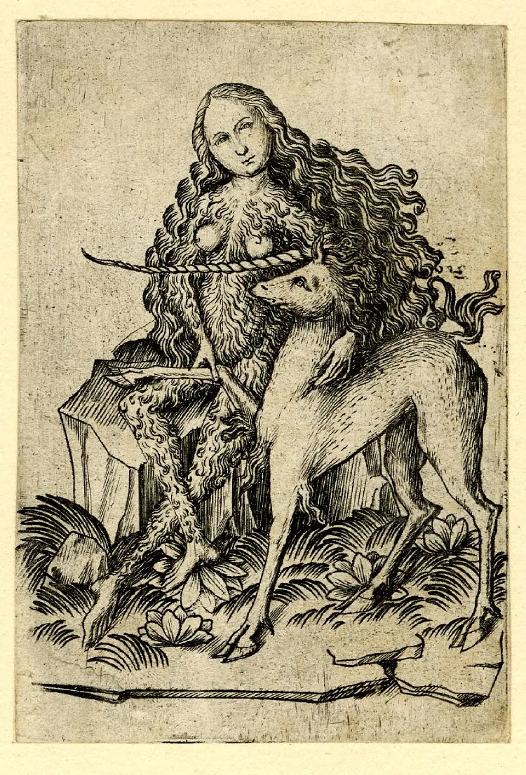Mistrz E.S. „Dzika kobieta z jednorożcem”, (karta do gry), 2. poł. XV w. / BRITISH MUSEUM