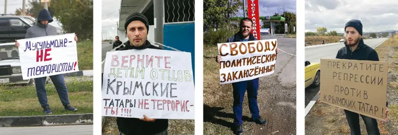 Tatarzy w różnych miejscach Krymu, koniec 2017 – pocz. 2018 r. Na plakatach: „Muzułmanie to nie terroryści”, „Zwróćcie dzieciom ich ojców”, „Wolność dla więźniów politycznych”, „Zaprzestańcie represji przeciwko Tatarom Krymskim”/ KRYMSKA SOLIDARNOŚĆ