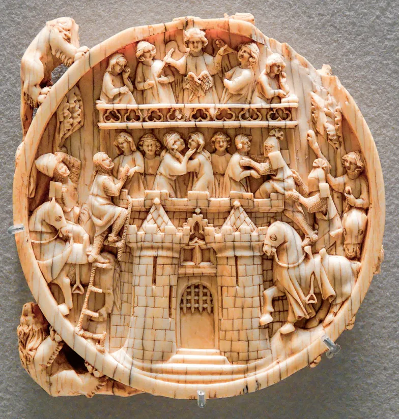 Zdobycie Zamku Miłości, oprawa lusterka, Paryż ok. 1350, kość słoniowa (Musée du Louvre, 7219)