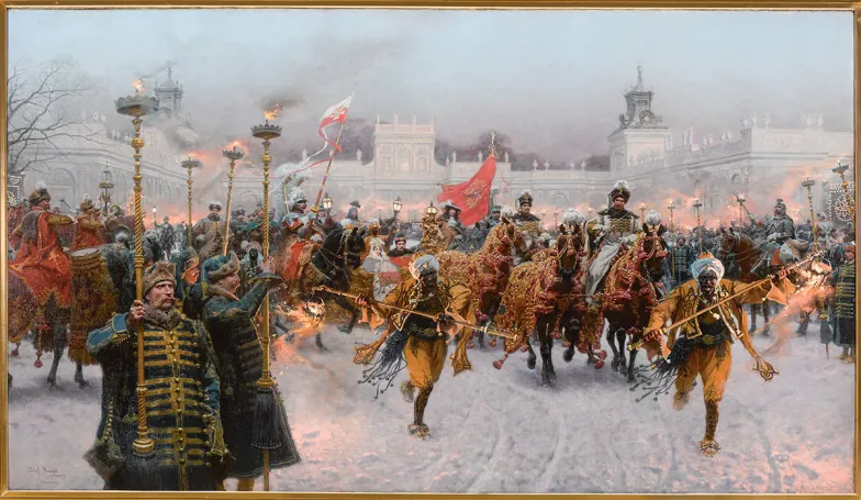 Józef Brandt „Wyjazd z Wilanowa Jana III i Marysieńki Sobieskich”.