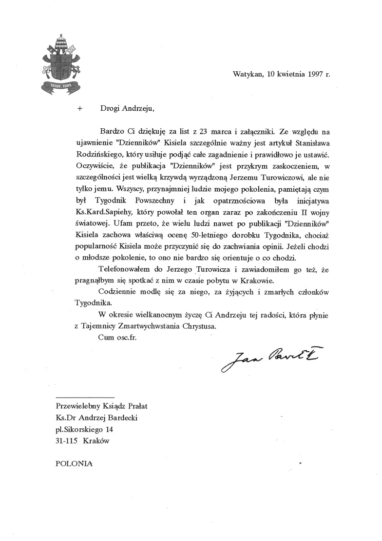 List Jana Pawła II do ks. Andrzeja Bardeckiego, 1997 r.