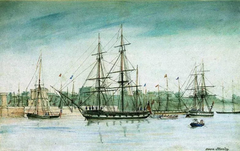 HMS „Beagle” na akwareli Owena Stanleya z 1841 r.