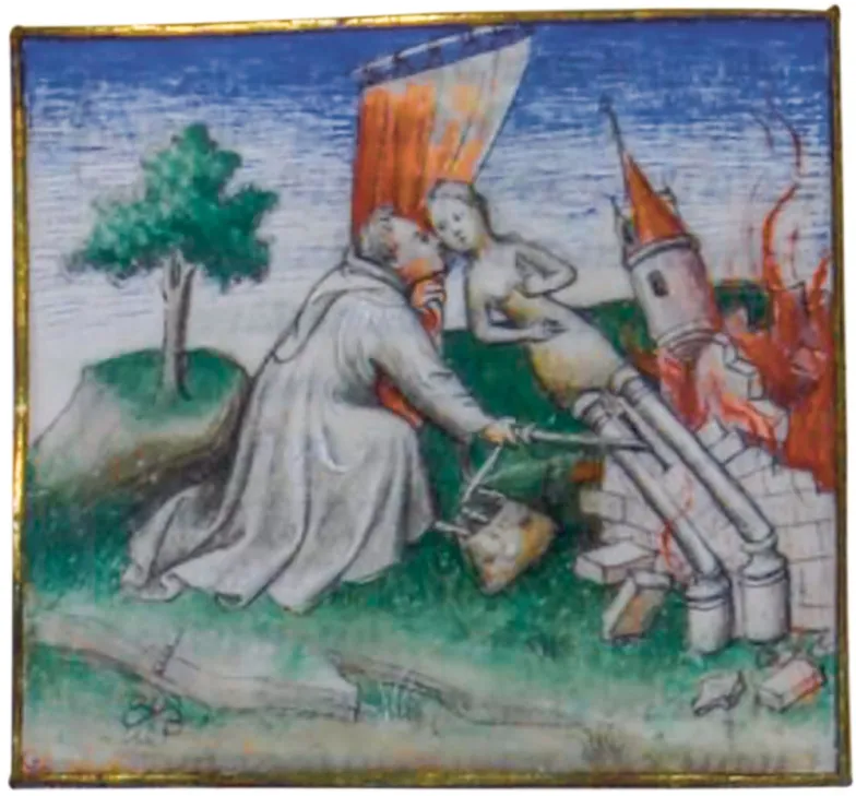 Miniatura z "Powieści o Róży" (Guillaume de Lorris, Jean de Meun: Roman de la Rose, ok. 1400, Ms. 387, fol. 147v, Biblioteca Històrica de la Universitat de València)