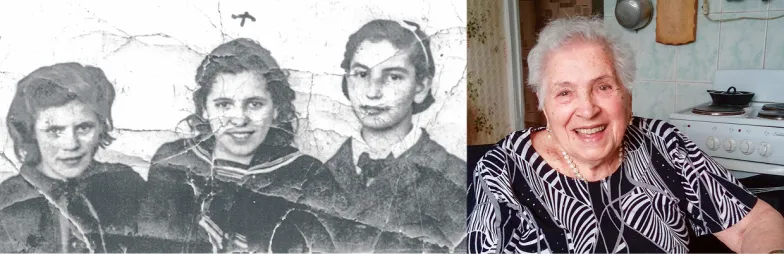 Z lewej: Virtudes (w środku) w sowieckim domu dziecka z przyjaciółkami Dolores i Marią. Z prawej: Virtudes w Moskwie, 2018 r. / ARCH. K. MOŁONIEWICZ
