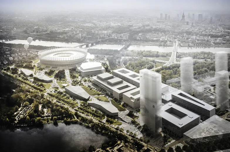 Wizualizacja jednego z niezrealizowanych projektów zagospodarowania okolic Stadionu Narodowego w Warszawie, autorstwa pracowni Jems Architekci, 2008 r. / DONAT BRYKCZYŃSKI / REPORTER