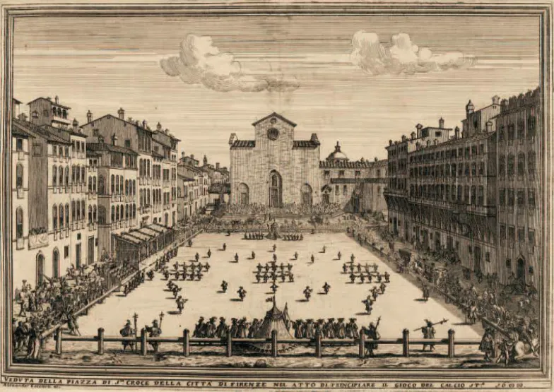 Alexander Cecchini, Gra Calcio Fiorentino na Piazza Santa Croce we Florencji, 1688 r. / Wikimedia Alexander Cecchini, Gra Calcio Fiorentino na Piazza Santa Croce we Florencji, 1688 r. / Wikimedia