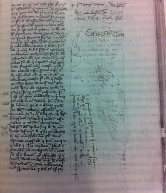 Karta z rękopisu Vitae Patrum (et alia; Gerardus Groote - Henricus de Frimaria - Johannes de Duren), 1 ćw. XV w., Köln, Historisches Archiv, G.B. quarto, 249, fol. 68r; źródło: https://medievalfragments.wordpress.com/2013/02/22/paws-pee-and-mice-cats-amon
