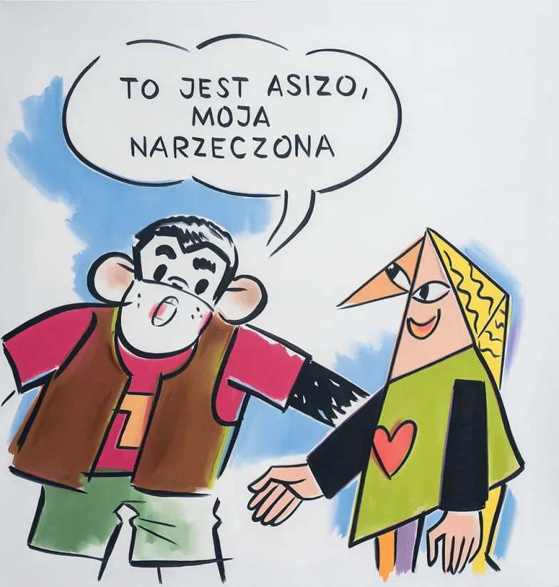 To jest Asizo, moja narzeczona (wg H. J. Chmielewski, „Tytus plastykiem”, 1987), 2021, olej na płótnie, 110x115 cm