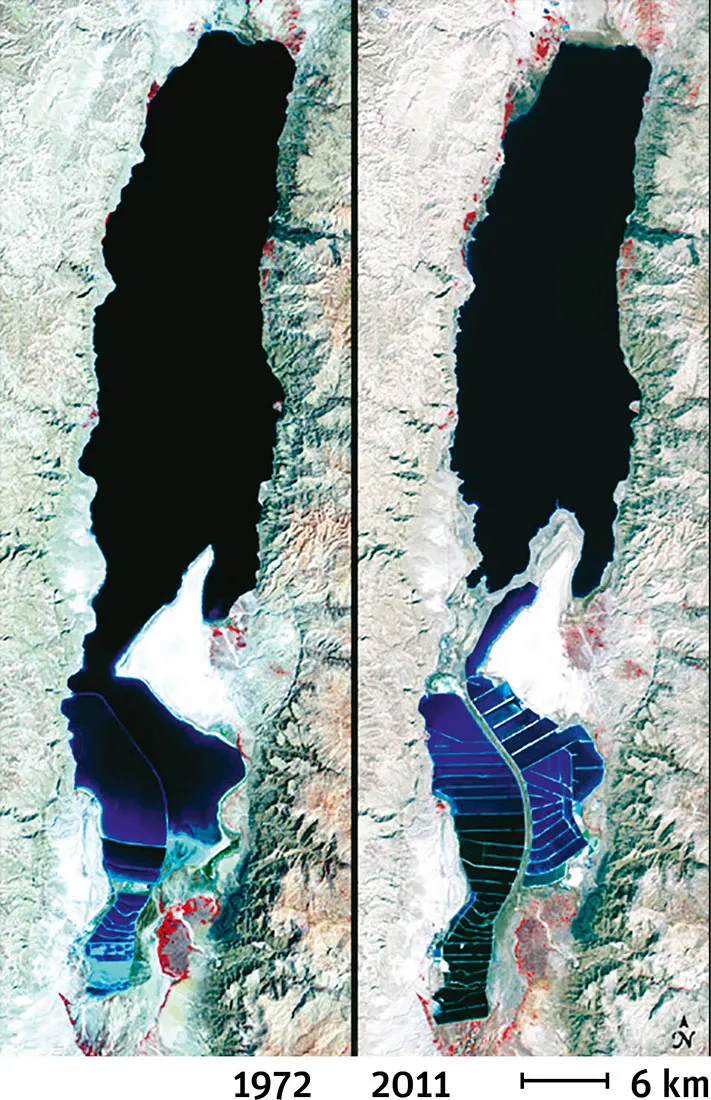 Morze Martwe widziane z satelity w odstępie 40 lat. W południowej niecce widać rozwój przemysłowych zbiorników ewaporacyjnych. / fot. NASA