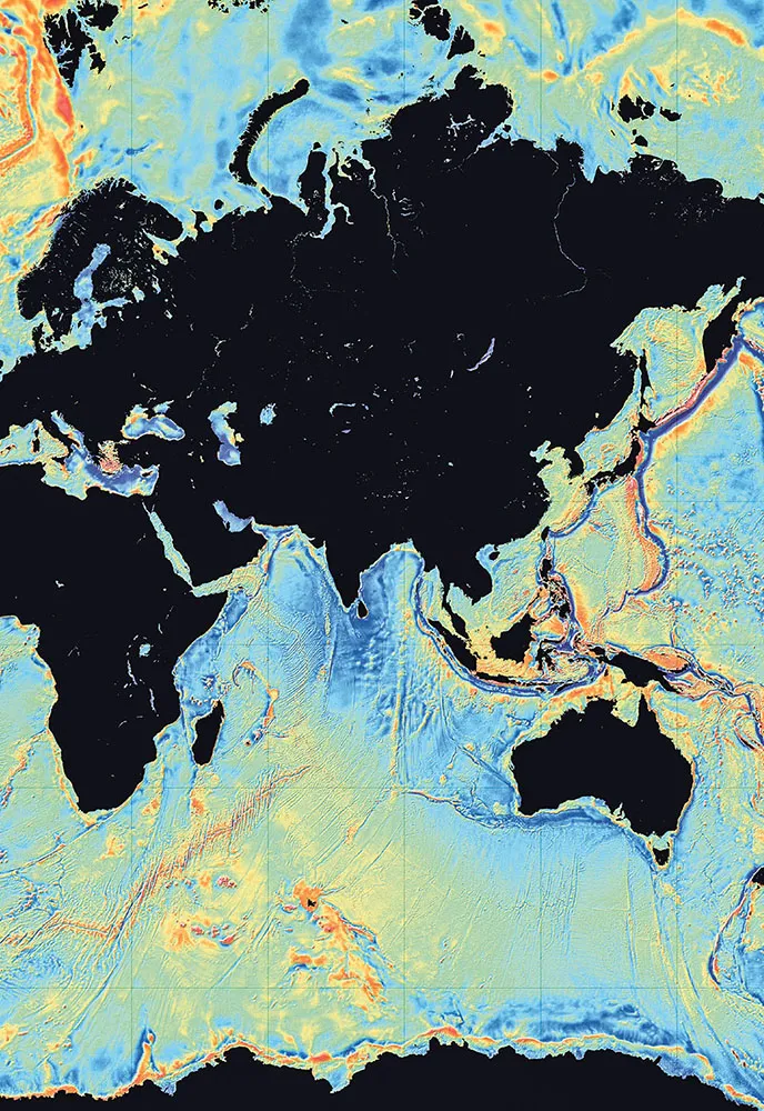 Mapa stworzona przez geofizyków Davida Sandwella i Walthera Smitha przy użyciu zdjęć satelitarnych, które pokazują, gdzie pole grawitacyjne jest najsilniejsze. W tych miejscach najprawdopodobniej są łańcuchy górskie. Tak bada się ukształtowanie dna oceanu