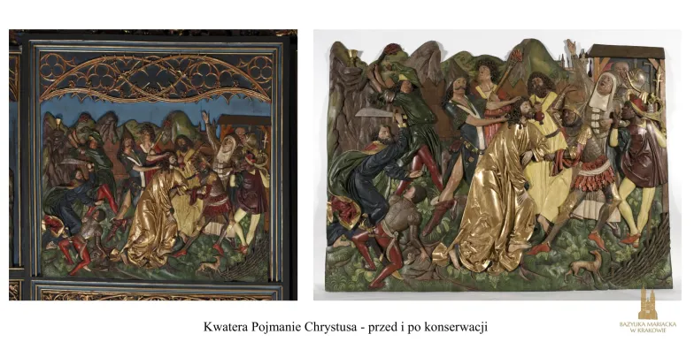 Kwatera z Pojmaniem Chrystusa przed i po konserwacji / fot. Bazylika Mariacka w Krakowie