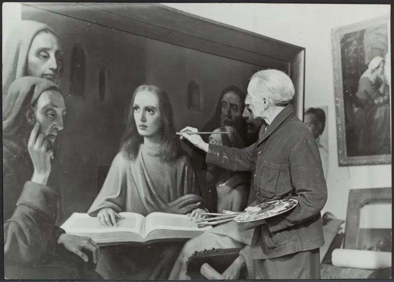 Han van Meegeren maluje publicznie „Młodego Chrystusa wśród doktorów”, 1945 r. / źródło: Wikimedia Commons