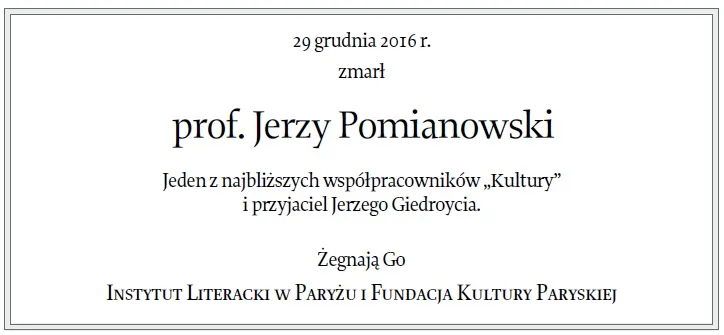 Nekrolog Jerzego Pomianowskiego / Instytut Literacki