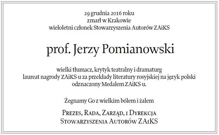 Nekrolog Jerzego Pomianowskiego / Zaiks