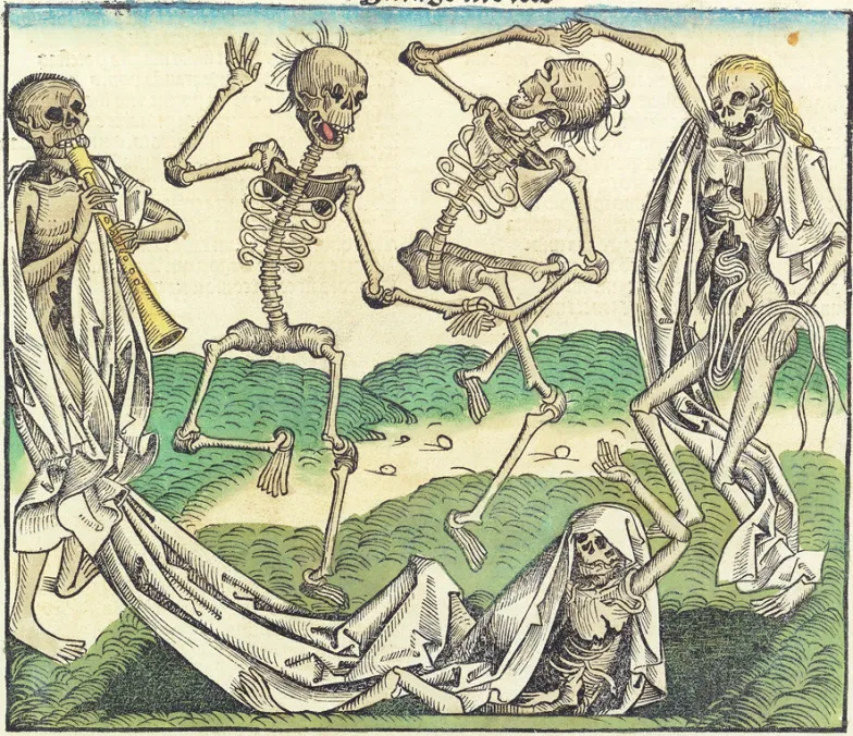 Taniec Śmierci, drzeworyt z warsztatu Michała Wolgemuta, w: Hartmanna Schedel, Liber cronicarum (tzw. Kronika norymberska), 1493. / Wikimedia Commons