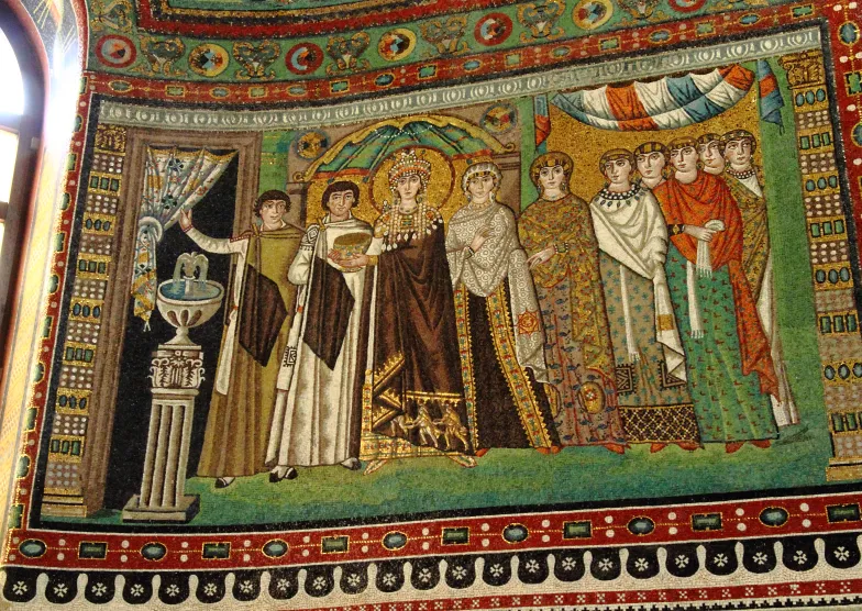 Cesarzowa Teodora w purpurowych szatach w bizantyńskich mozaikach w San Vitale w Rawennie, przed 548 / Wikimedia Commons