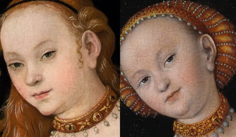 Porównanie detalu „Wenus” z kolekcji Liechtensteinów oraz detalu „Lukrecji” Lucasa Cranacha Starszego z 1528 r., Nationalmuseum, Stockholm / źródło: Wikimedia Commons