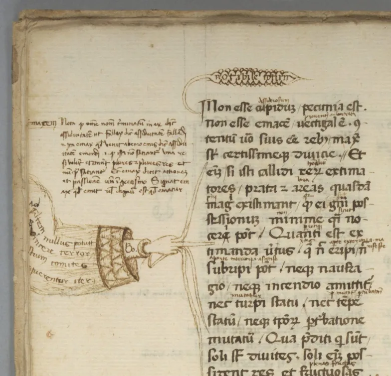 \"Rączka\" z rękopisu \"Paradoxa stoicorum&quot; Cycerona, 2 poł. XIV w., University of California, Berkeley, Bancroft Library, BANC MS UCB 085, fol. 5v; źródło: http://erikkwakkel.tumblr.com/post/58711788590/octopus-fingers-as-we-still-do-today-medieval