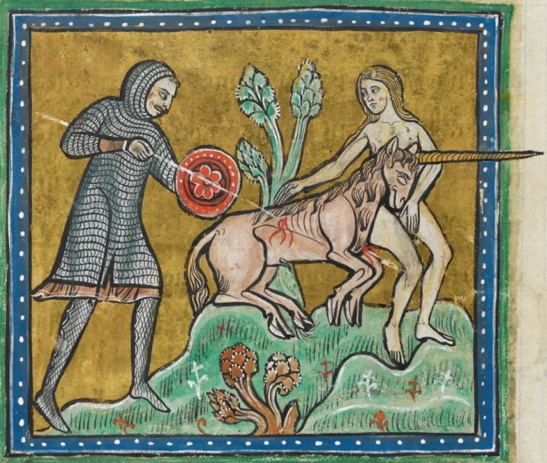Polowanie na jednorożca, Bestiariusz Rochester, ok. 1230, British Library, Royal 12 F xiii / Wikimedia